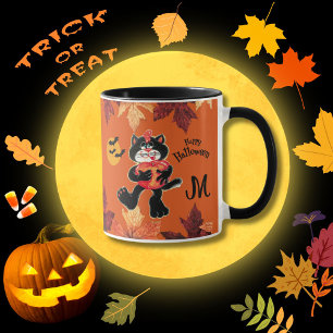 Handpainted Happy Halloween Cat Pumpkin Monogram Mug