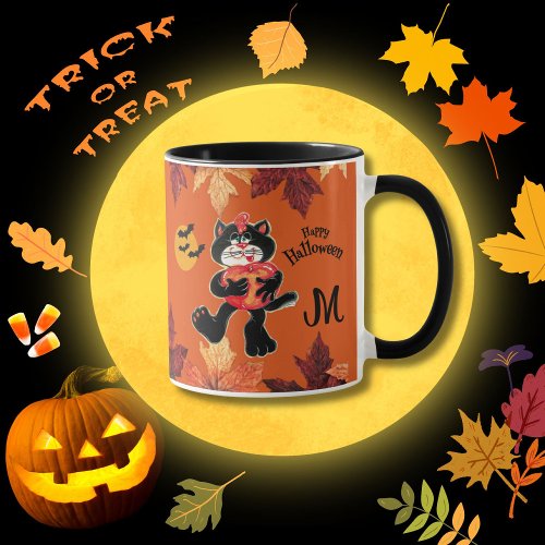 Handpainted Happy Halloween Cat Pumpkin Monogram Mug