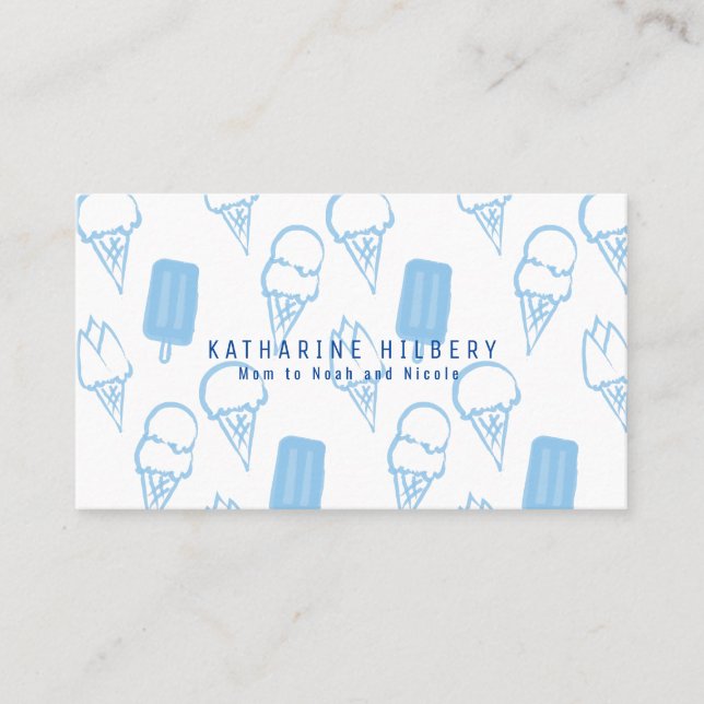 Handpainted Ice Cream Pattern Blue Mommy Business Card (Front)