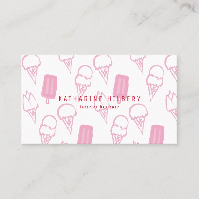 Handpainted Ice Cream Pattern Pink Business Card (Front)