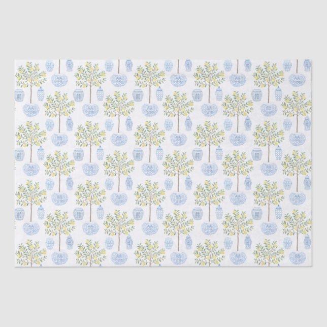 Handpainted Lemon Tree in Blue White Ginger Jar Tissue Paper (Front)