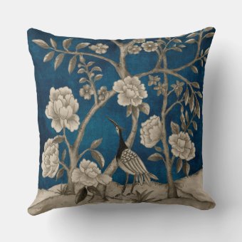 Handpainted Navy Blue Chinoiserie Floral Greenery Throw Pillow | Zazzle