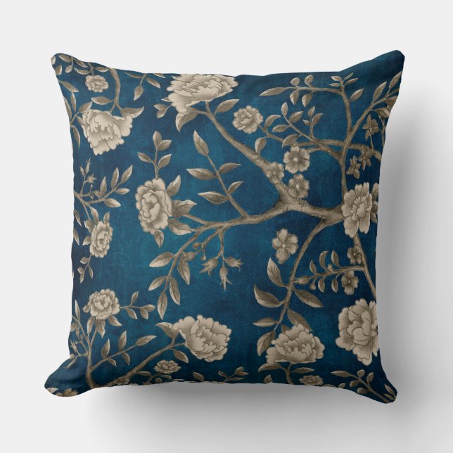 Handpainted Navy Blue Chinoiserie Floral Greenery Throw Pillow (Front)
