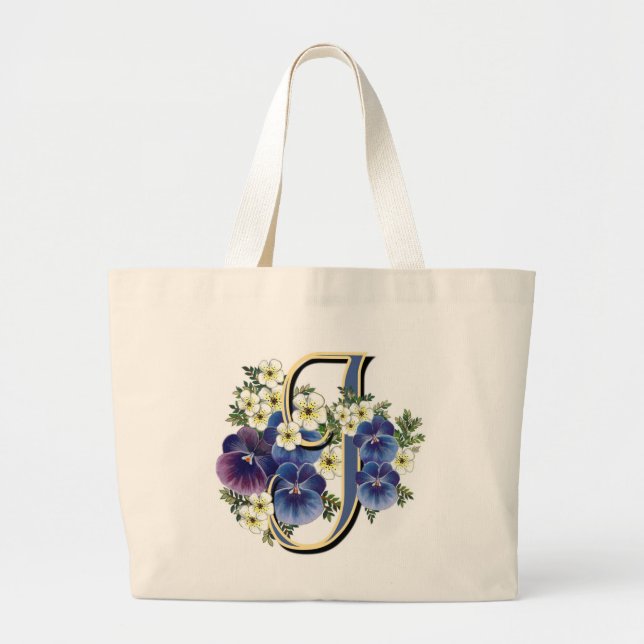 Handpainted Pansy Initial - J Large Tote Bag (Front)