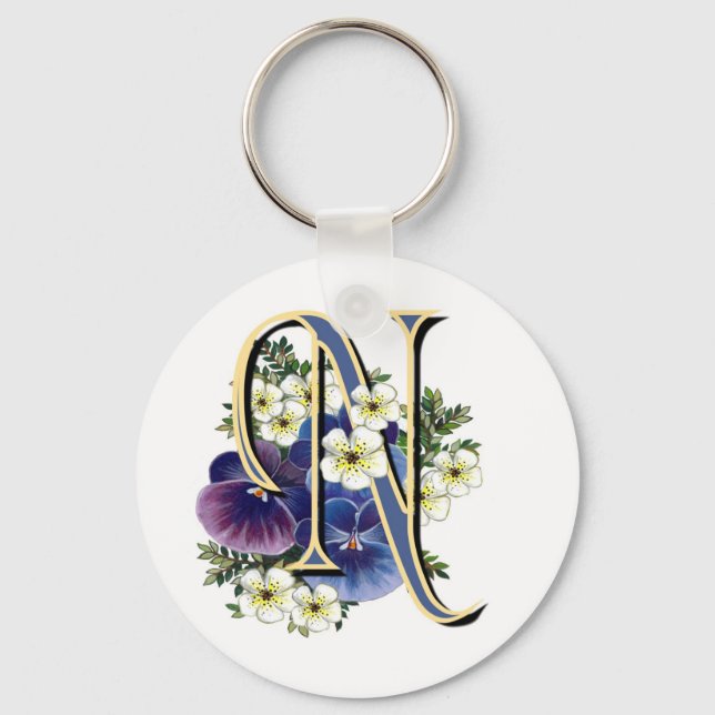 Handpainted Pansy Initial Monogram -  N Keychain (Front)