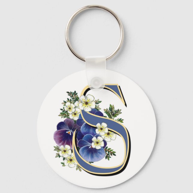 Handpainted Pansy Initial Monogram - S Keychain (Front)