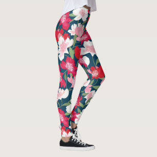 Handpainted Pink Red Cosmos Flowers Pattern Fun Leggings