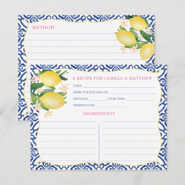 Handpainted Positano Lemons Royal Blue Recipe Card (Front/Back)