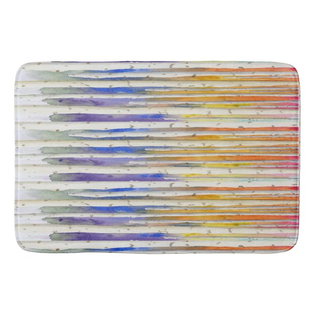 Handpainted rainbow sunset birch watercolor forest bath mat (Front)
