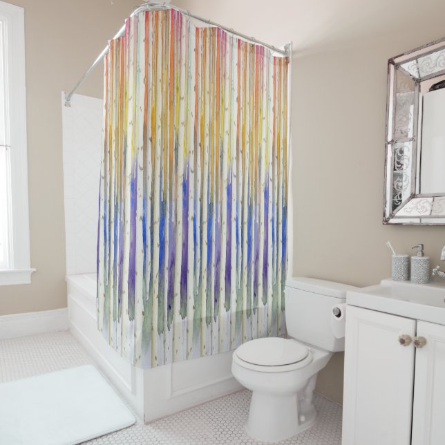 Handpainted rainbow sunset birch watercolor forest shower curtain (In Situ)