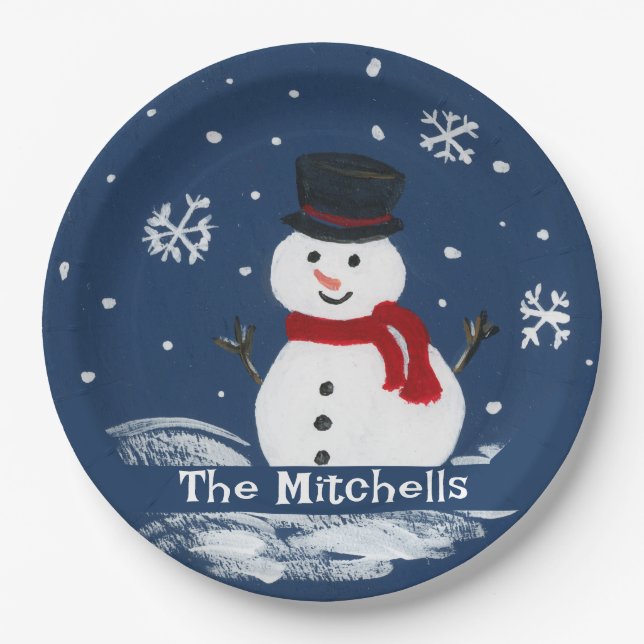 Handpainted Snowman PERSONALIZE Paper Plates (Front)