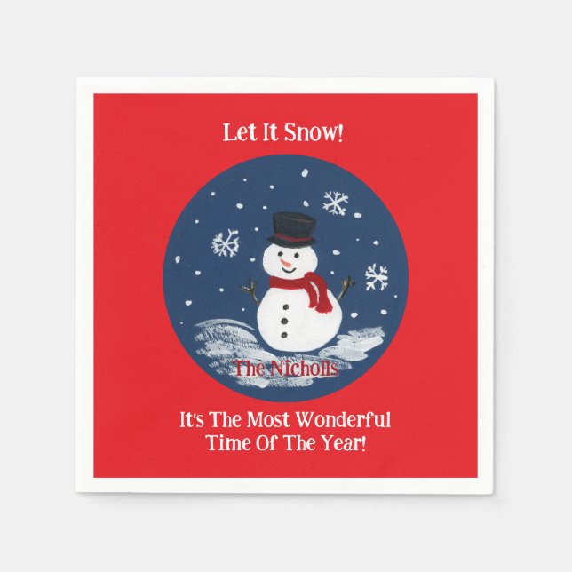 Handpainted Snowman Red PERSONALIZE Napkins (Front)