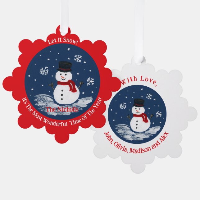 Handpainted Snowman RED Personalize Ornament Card (Front/Back)