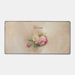 Handpainted Style Vintage Pink and White Roses Desk Mat
