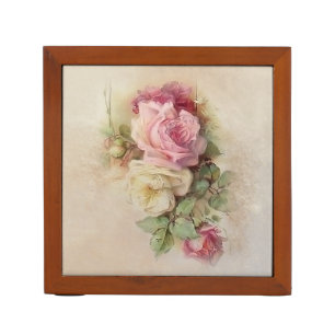 Handpainted Style Vintage Pink and White Roses Desk Organizer