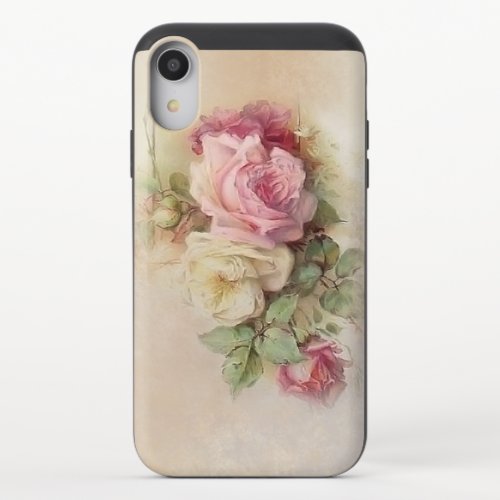 Handpainted Style Vintage Pink and White Roses iPhone XR Slider Case