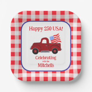 Handpainted Vintage Truck 250 USA Flag Red Check Paper Plates