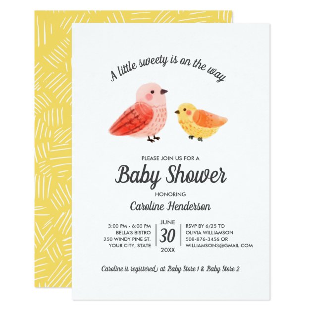 Handpainted Watercolor Bird Baby Shower Invitation