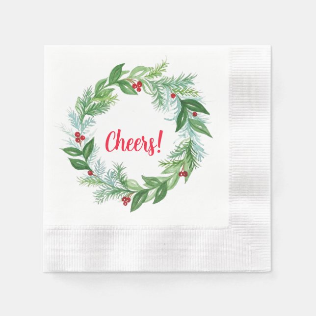 Handpainted Watercolor Christmas Holiday Wreath Napkins (Front)