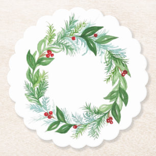 Handpainted Watercolor Christmas Holiday Wreath Paper Coaster