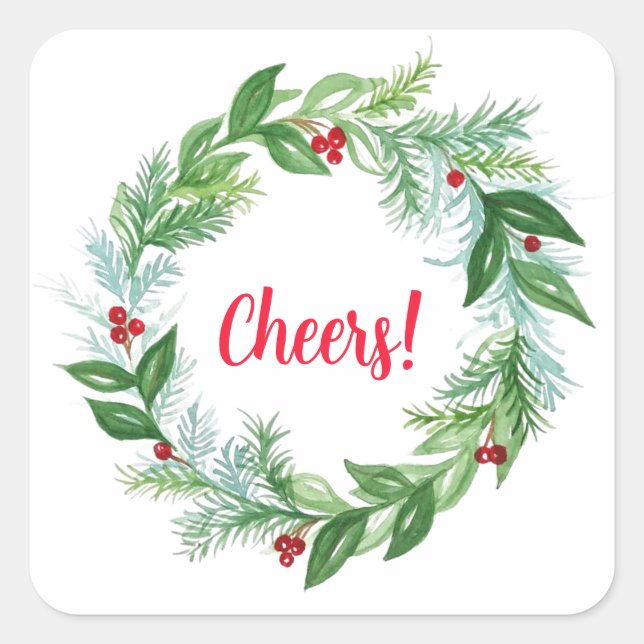 Handpainted Watercolor Christmas Holiday Wreath Square Sticker (Front)
