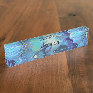 Handpainted Watercolor Floral Aqua and Blues Desk Name Plate