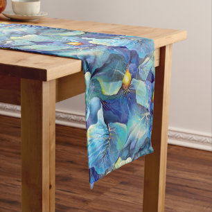 Handpainted Watercolor Floral Aqua and Blues Short Table Runner