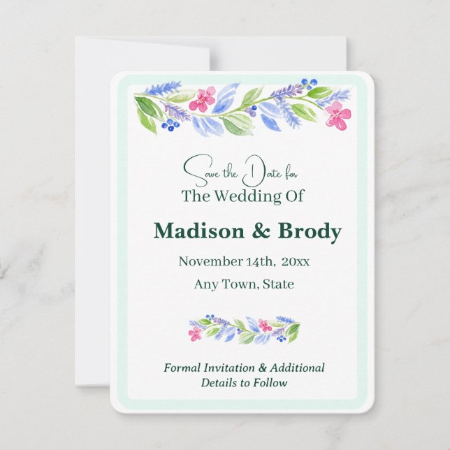 Handpainted Watercolor Flowers SAVE the DATE Photo (Front)
