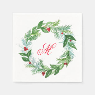 Handpainted Watercolor Holiday Wreath NAME Initial Napkins