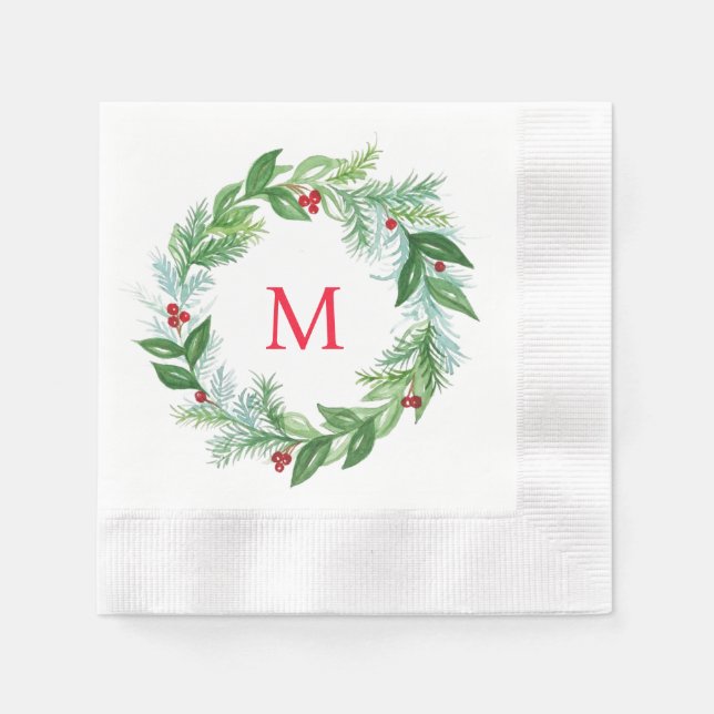 Handpainted Watercolor Holiday Wreath with Initial Napkins (Front)
