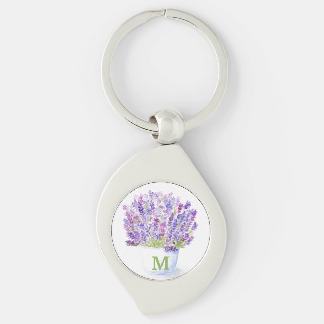 Handpainted Watercolor Lavender Floral INITIAL Keychain (Front)