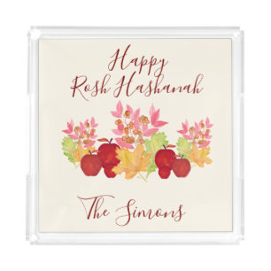 Handpainted Watercolor Leaves Apples Rosh Hashanah Acrylic Tray