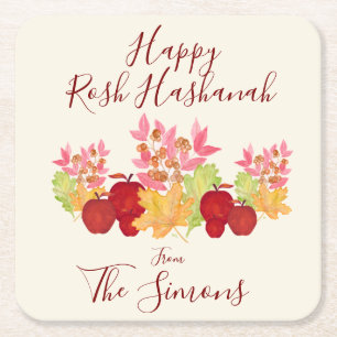 Handpainted Watercolor Leaves Apples Rosh Hashanah Square Paper Coaster