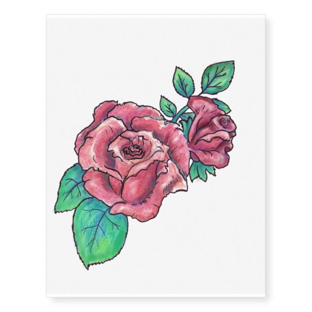 Handpainted watercolor pink rose temporary tattoos (Front)