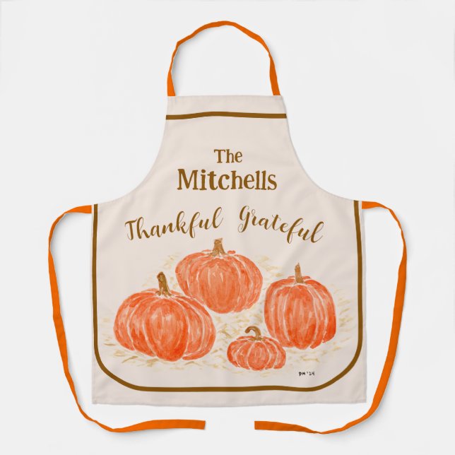 Handpainted Watercolor Pumpkin PERSONALIZE Thankfu Apron (Front)