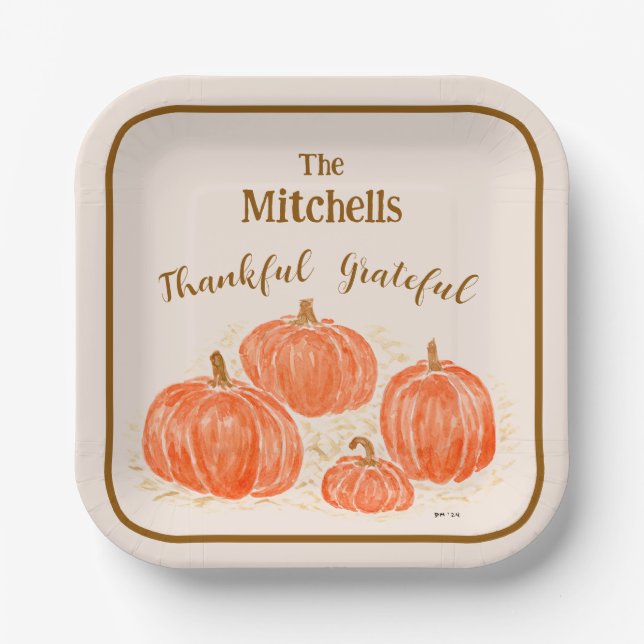 Handpainted Watercolor Pumpkin PERSONALIZE Thankfu Paper Plates (Front)
