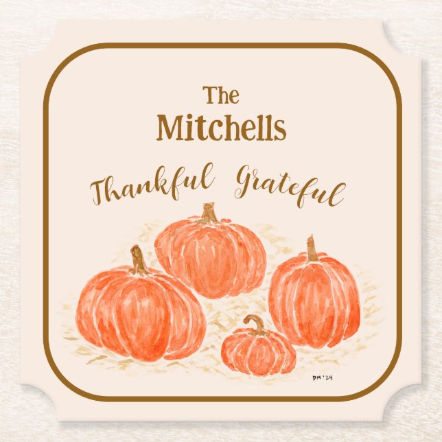 Handpainted Watercolor Pumpkins Thankful Grateful Paper Coaster (Front)