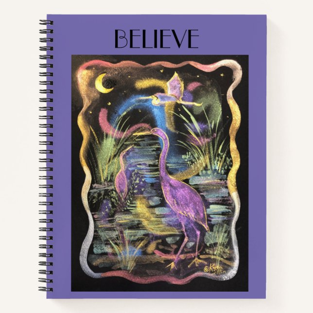 Handpainted Watercolor Purple Egrets Believe Journ Notebook (Front)