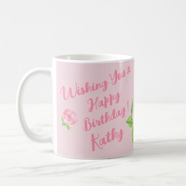 Handpainted Watercolor Rose HAPPY BIRTHDAY Coffee Mug (Left)