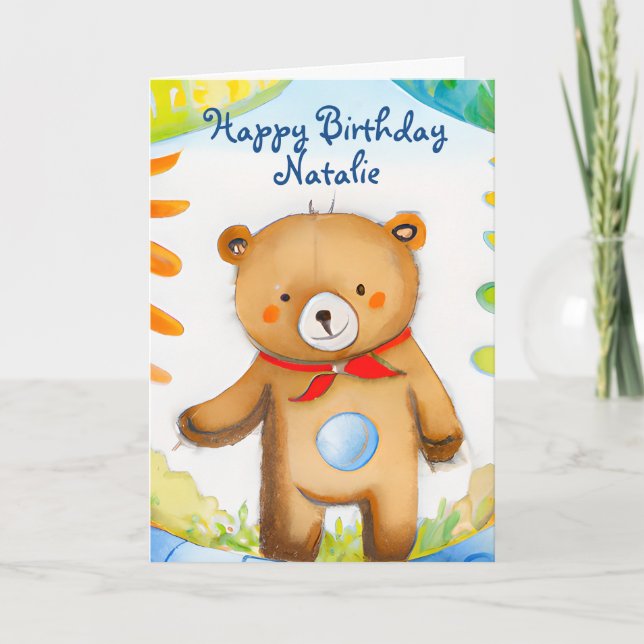 Handpainted Watercolor Teddy Bear Birthday Card (Front)