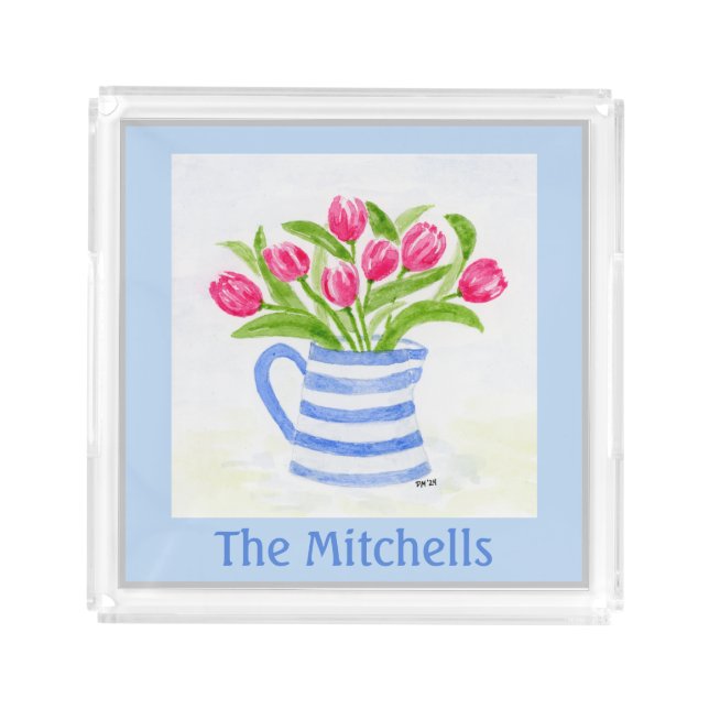 Handpainted Watercolor Tulips, Blue Stripe Pitcher Acrylic Tray (Front)