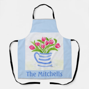 Handpainted Watercolor Tulips, Blue Stripe Pitcher Apron