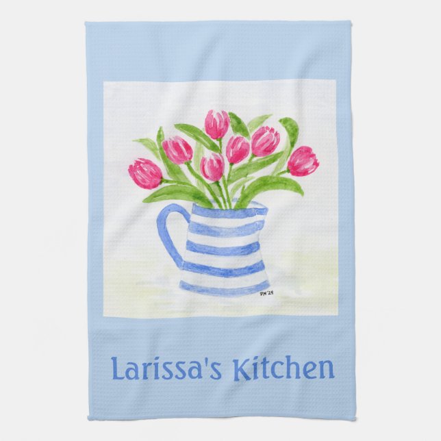 Handpainted Watercolor Tulips, Blue Stripe Pitcher Kitchen Towel (Vertical)