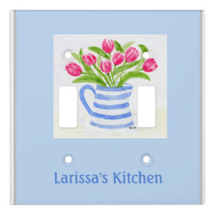 Handpainted Watercolor Tulips, Blue Stripe Pitcher Light Switch Cover