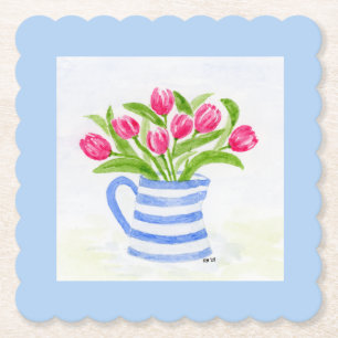 Handpainted Watercolor Tulips, Blue Stripe Pitcher Paper Coaster