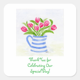 Handpainted Watercolor Tulips, Blue Stripe Pitcher Square Sticker