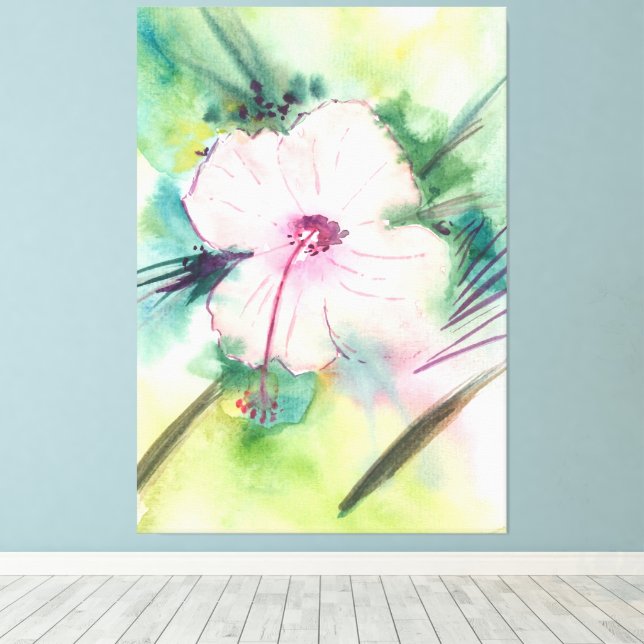 Handpainted Watercolour Belizean Hibiscus Flower Canvas Print (Insitu(Wood Floor))