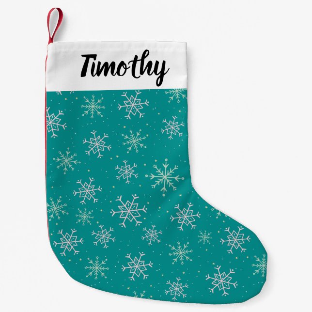 Handpainted White & Aqua Snowflakes on Teal Small Christmas Stocking (Front)