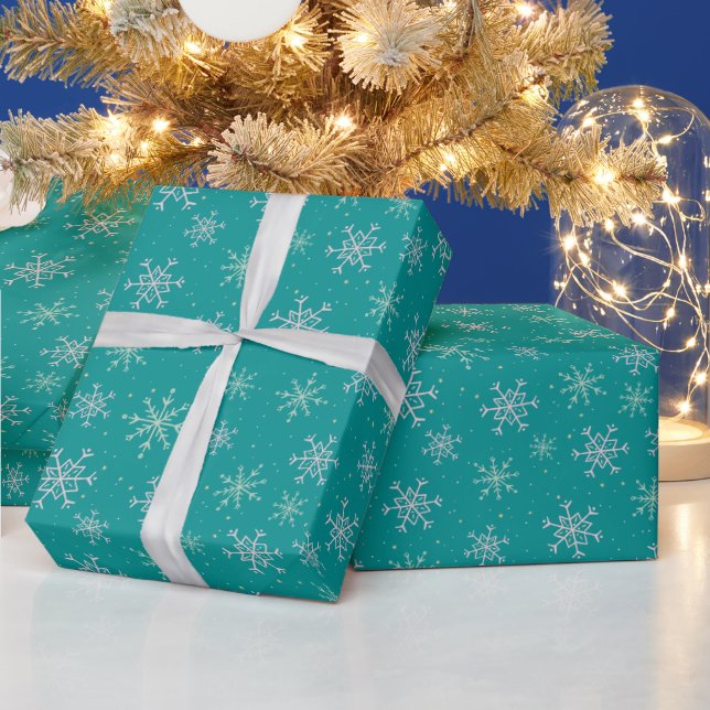 Handpainted White & Aqua Snowflakes on Teal Wrapping Paper (Holidays)