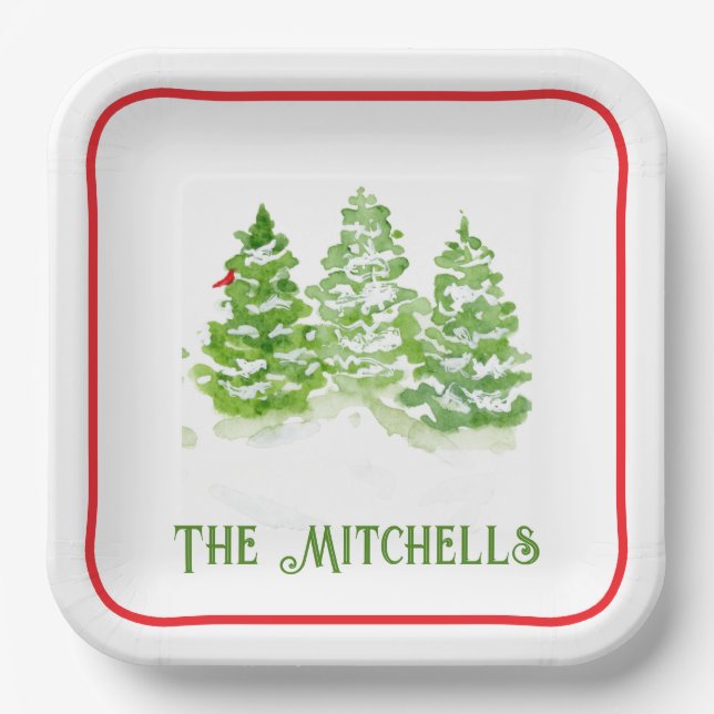 Handpainted Winter Trees PERSONALIZE NAME Paper Plates (Front)
